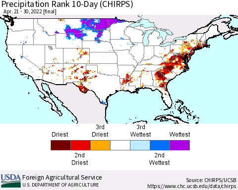 United States Precipitation Rank since 1981, 10-Day (CHIRPS) Thematic Map For 4/21/2022 - 4/30/2022