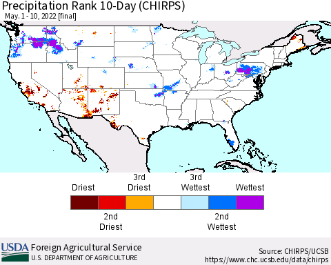 United States Precipitation Rank since 1981, 10-Day (CHIRPS) Thematic Map For 5/1/2022 - 5/10/2022