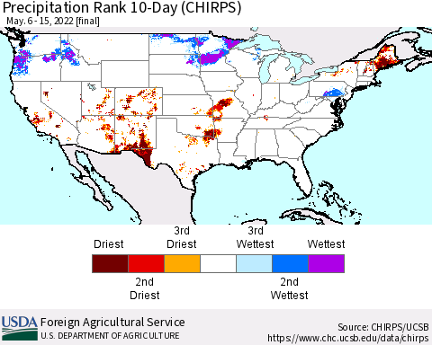 United States Precipitation Rank 10-Day (CHIRPS) Thematic Map For 5/6/2022 - 5/15/2022