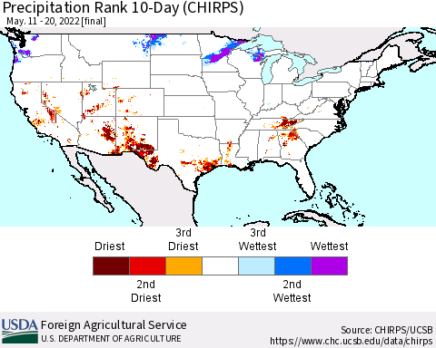 United States Precipitation Rank since 1981, 10-Day (CHIRPS) Thematic Map For 5/11/2022 - 5/20/2022