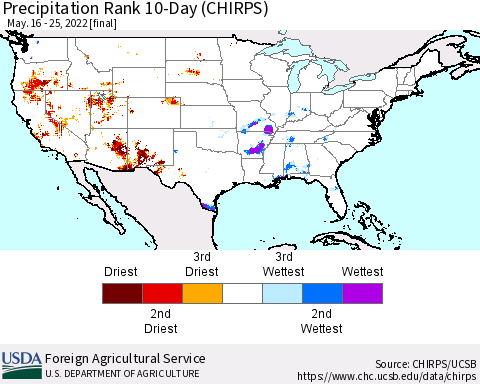 United States Precipitation Rank since 1981, 10-Day (CHIRPS) Thematic Map For 5/16/2022 - 5/25/2022