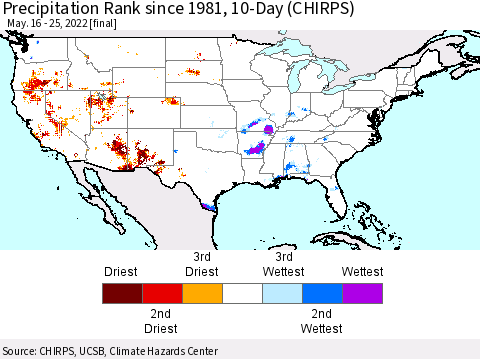 United States Precipitation Rank since 1981, 10-Day (CHIRPS) Thematic Map For 5/16/2022 - 5/25/2022