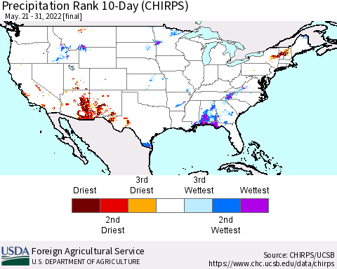 United States Precipitation Rank 10-Day (CHIRPS) Thematic Map For 5/21/2022 - 5/31/2022