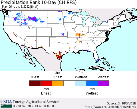 United States Precipitation Rank since 1981, 10-Day (CHIRPS) Thematic Map For 5/26/2022 - 6/5/2022