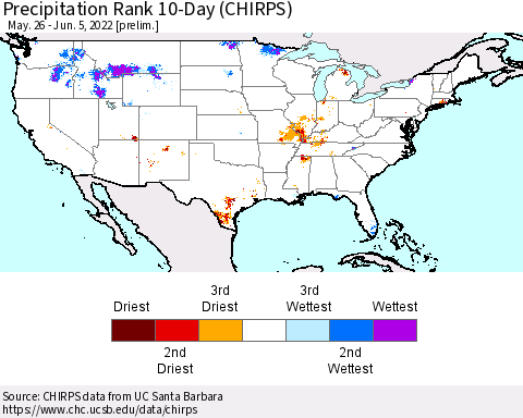 United States Precipitation Rank 10-Day (CHIRPS) Thematic Map For 5/26/2022 - 6/5/2022