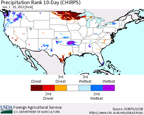 United States Precipitation Rank since 1981, 10-Day (CHIRPS) Thematic Map For 6/1/2022 - 6/10/2022