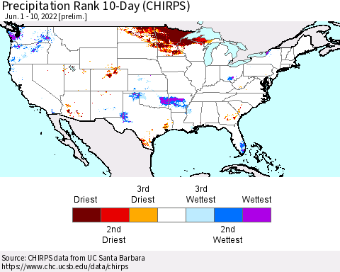 United States Precipitation Rank 10-Day (CHIRPS) Thematic Map For 6/1/2022 - 6/10/2022