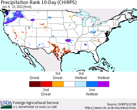 United States Precipitation Rank 10-Day (CHIRPS) Thematic Map For 6/6/2022 - 6/15/2022