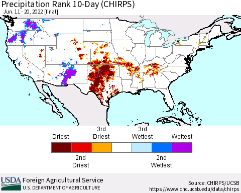 United States Precipitation Rank since 1981, 10-Day (CHIRPS) Thematic Map For 6/11/2022 - 6/20/2022