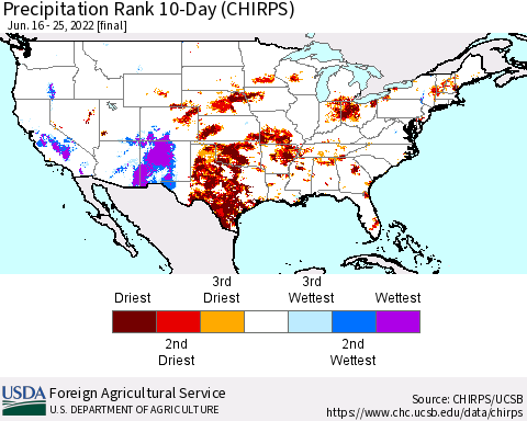 United States Precipitation Rank since 1981, 10-Day (CHIRPS) Thematic Map For 6/16/2022 - 6/25/2022