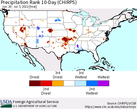 United States Precipitation Rank 10-Day (CHIRPS) Thematic Map For 6/26/2022 - 7/5/2022