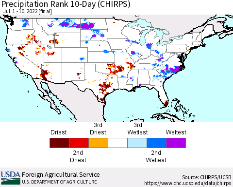 United States Precipitation Rank 10-Day (CHIRPS) Thematic Map For 7/1/2022 - 7/10/2022