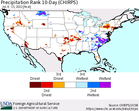 United States Precipitation Rank since 1981, 10-Day (CHIRPS) Thematic Map For 7/6/2022 - 7/15/2022