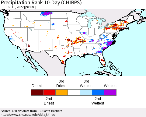 United States Precipitation Rank 10-Day (CHIRPS) Thematic Map For 7/6/2022 - 7/15/2022