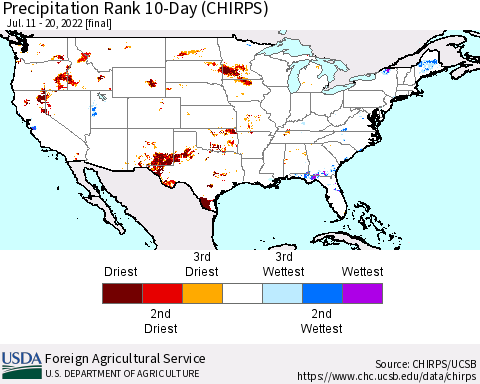 United States Precipitation Rank since 1981, 10-Day (CHIRPS) Thematic Map For 7/11/2022 - 7/20/2022
