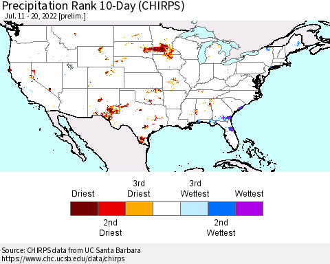 United States Precipitation Rank 10-Day (CHIRPS) Thematic Map For 7/11/2022 - 7/20/2022
