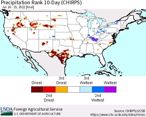 United States Precipitation Rank since 1981, 10-Day (CHIRPS) Thematic Map For 7/16/2022 - 7/25/2022