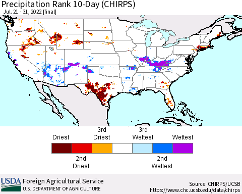 United States Precipitation Rank 10-Day (CHIRPS) Thematic Map For 7/21/2022 - 7/31/2022