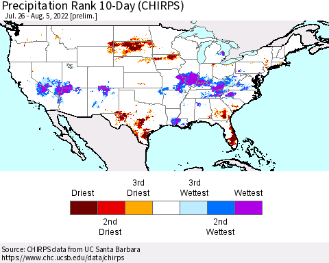 United States Precipitation Rank 10-Day (CHIRPS) Thematic Map For 7/26/2022 - 8/5/2022