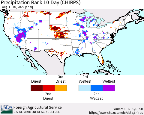 United States Precipitation Rank since 1981, 10-Day (CHIRPS) Thematic Map For 8/1/2022 - 8/10/2022