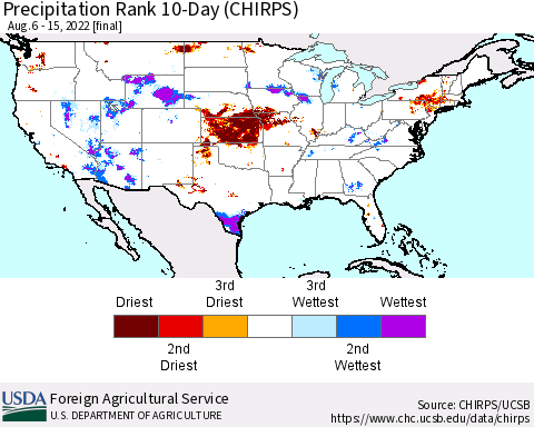 United States Precipitation Rank since 1981, 10-Day (CHIRPS) Thematic Map For 8/6/2022 - 8/15/2022