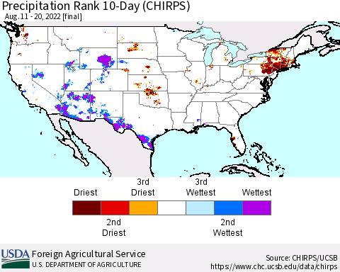 United States Precipitation Rank since 1981, 10-Day (CHIRPS) Thematic Map For 8/11/2022 - 8/20/2022