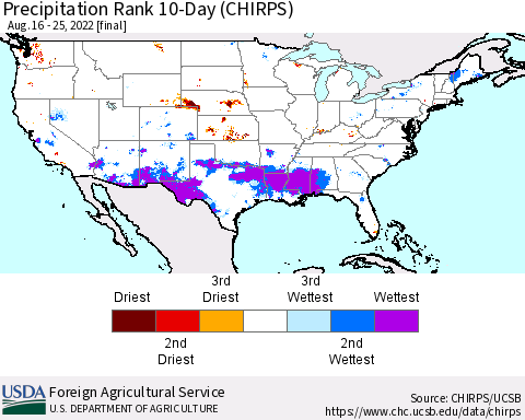 United States Precipitation Rank since 1981, 10-Day (CHIRPS) Thematic Map For 8/16/2022 - 8/25/2022