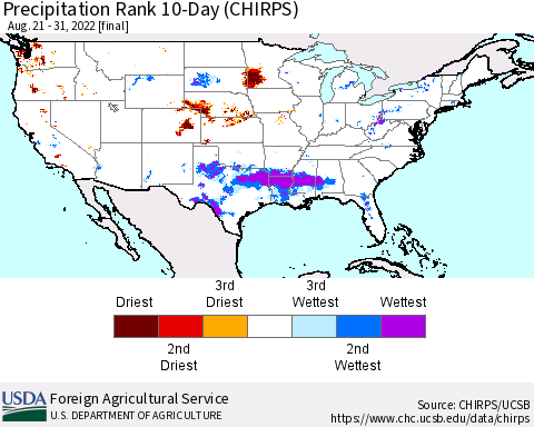 United States Precipitation Rank since 1981, 10-Day (CHIRPS) Thematic Map For 8/21/2022 - 8/31/2022