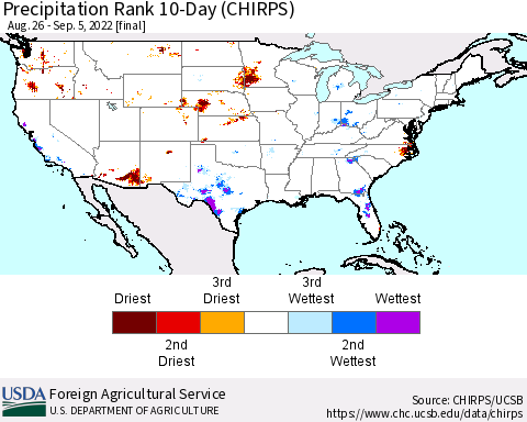 United States Precipitation Rank since 1981, 10-Day (CHIRPS) Thematic Map For 8/26/2022 - 9/5/2022