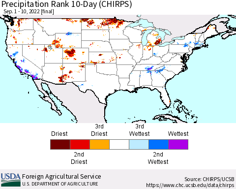 United States Precipitation Rank 10-Day (CHIRPS) Thematic Map For 9/1/2022 - 9/10/2022