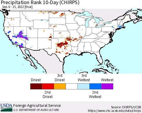 United States Precipitation Rank 10-Day (CHIRPS) Thematic Map For 9/6/2022 - 9/15/2022