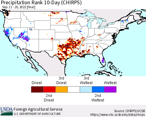 United States Precipitation Rank since 1981, 10-Day (CHIRPS) Thematic Map For 9/11/2022 - 9/20/2022
