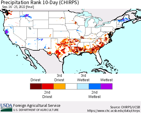 United States Precipitation Rank since 1981, 10-Day (CHIRPS) Thematic Map For 9/16/2022 - 9/25/2022