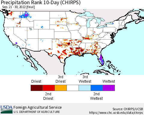 United States Precipitation Rank 10-Day (CHIRPS) Thematic Map For 9/21/2022 - 9/30/2022
