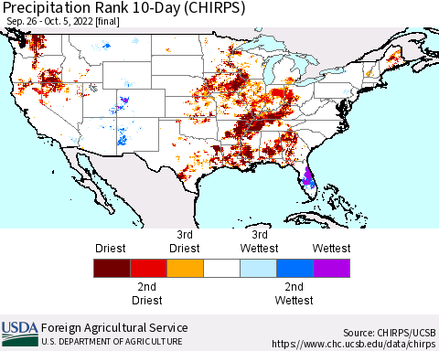 United States Precipitation Rank 10-Day (CHIRPS) Thematic Map For 9/26/2022 - 10/5/2022
