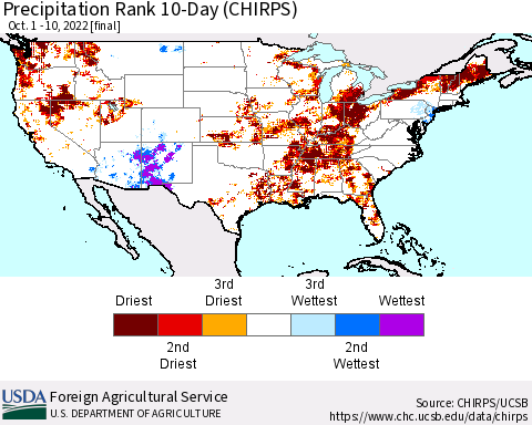 United States Precipitation Rank 10-Day (CHIRPS) Thematic Map For 10/1/2022 - 10/10/2022