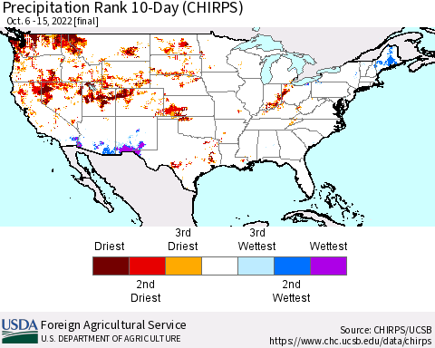 United States Precipitation Rank since 1981, 10-Day (CHIRPS) Thematic Map For 10/6/2022 - 10/15/2022