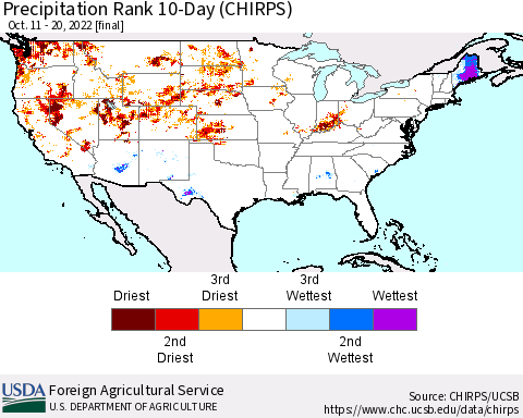 United States Precipitation Rank 10-Day (CHIRPS) Thematic Map For 10/11/2022 - 10/20/2022