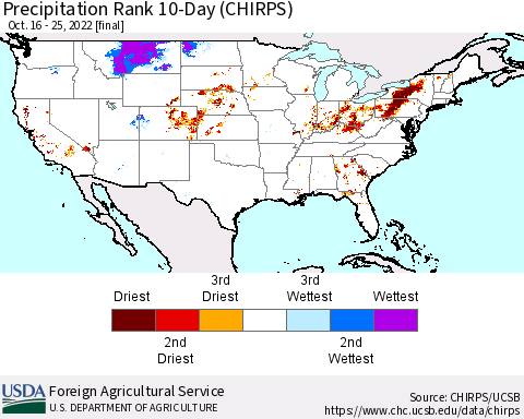 United States Precipitation Rank since 1981, 10-Day (CHIRPS) Thematic Map For 10/16/2022 - 10/25/2022