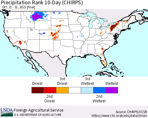 United States Precipitation Rank 10-Day (CHIRPS) Thematic Map For 10/21/2022 - 10/31/2022