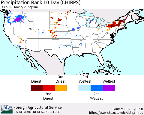United States Precipitation Rank 10-Day (CHIRPS) Thematic Map For 10/26/2022 - 11/5/2022