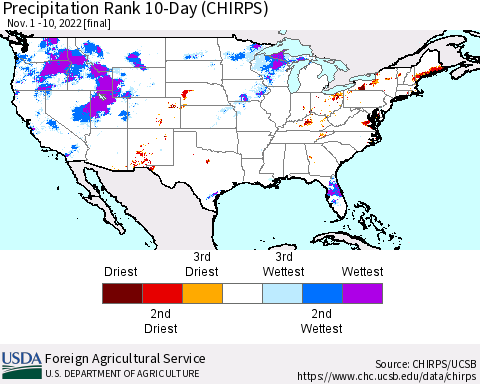 United States Precipitation Rank 10-Day (CHIRPS) Thematic Map For 11/1/2022 - 11/10/2022