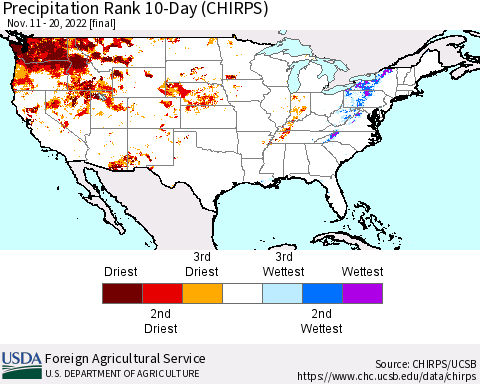 United States Precipitation Rank 10-Day (CHIRPS) Thematic Map For 11/11/2022 - 11/20/2022