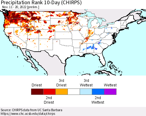 United States Precipitation Rank 10-Day (CHIRPS) Thematic Map For 11/11/2022 - 11/20/2022