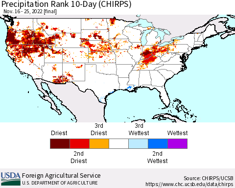United States Precipitation Rank since 1981, 10-Day (CHIRPS) Thematic Map For 11/16/2022 - 11/25/2022