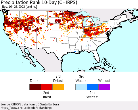 United States Precipitation Rank 10-Day (CHIRPS) Thematic Map For 11/16/2022 - 11/25/2022