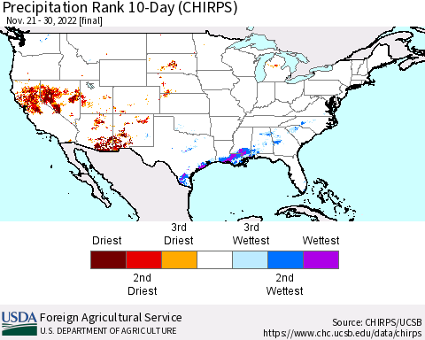 United States Precipitation Rank 10-Day (CHIRPS) Thematic Map For 11/21/2022 - 11/30/2022
