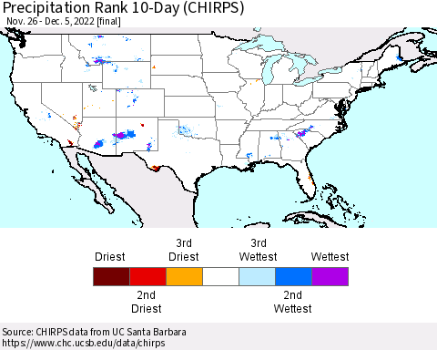 United States Precipitation Rank since 1981, 10-Day (CHIRPS) Thematic Map For 11/26/2022 - 12/5/2022