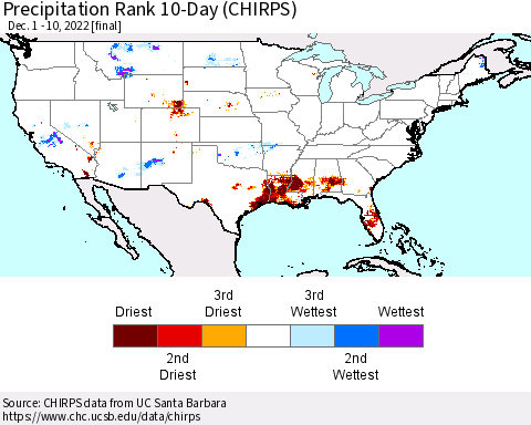 United States Precipitation Rank 10-Day (CHIRPS) Thematic Map For 12/1/2022 - 12/10/2022