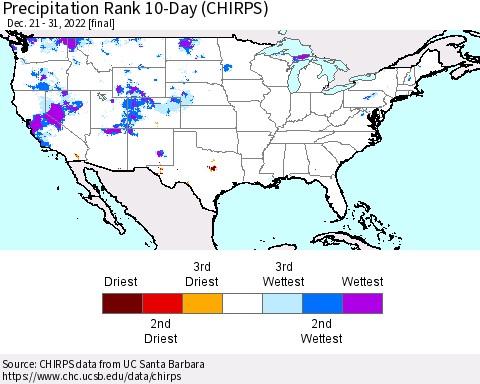 United States Precipitation Rank since 1981, 10-Day (CHIRPS) Thematic Map For 12/21/2022 - 12/31/2022